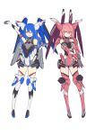  2girls bangs blue_hair blush boots clenched_hand covered_navel elbow_gloves eyebrows_visible_through_hair flat_color glove_pull gloves green_eyes grey_gloves gundam gundam_seed gundam_seed_destiny i.takashi infinite_justice_gundam leotard long_hair mecha_musume multiple_girls one_eye_closed open_hand open_mouth personification pink_hair short_hair shoulders strike_freedom_gundam thigh_boots thighhighs yellow_eyes 