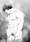  1boy bara blank_censor boku_no_hero_academia censored chest_hair completely_nude facial_hair feet_out_of_frame flaccid from_side greyscale highres large_pectorals looking_down male_focus male_pubic_hair mature_male monochrome muscular muscular_male navel nude pain-lucky777 pubic_hair rain scar scar_across_eye short_hair sideburns solo spiked_hair stubble thick_thighs thighs todoroki_enji wet 