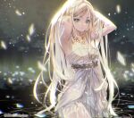  1girl aqua_eyes arms_up bangs blonde_hair blurry blurry_background breasts cleavage commentary cowboy_shot dress expressionless hands_in_hair jewelry long_hair looking_at_viewer medium_breasts necklace parted_bangs petals pointy_ears princess_zelda ripples shuri_(84k) solo strapless strapless_dress the_legend_of_zelda the_legend_of_zelda:_breath_of_the_wild thick_eyebrows triforce twitter_username wading water wet wet_hair white_dress 