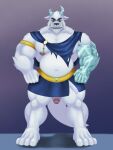  4_toes anthro armband blue_bottomwear blue_clothing bottomwear broken_horn clothed clothing danny_phantom fangs feet fist frostbite_(danny_phantom) fur genitals hi_res horn humanoid_genitalia humanoid_penis hunnipanda ineffective_clothing looking_at_viewer male monster musclegut muscular muscular_anthro muscular_male nickelodeon nipples pecs penis solo standing toes white_body white_fur yeti 