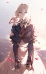  1girl bangs blonde_hair blue_eyes blue_jacket cloud dress hair_between_eyes highres jacket jewelry long_dress long_hair long_sleeves looking_at_viewer no-kan prosthesis puffy_long_sleeves puffy_sleeves red_scarf scarf sky solo tears violet_evergarden violet_evergarden_(character) white_dress 