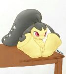  2020 2_toes anus black_body black_hair blush feet female feral flat_chested furniture genitals hair hair_mouth hi_res legs_up mawaifu mawile nintendo nude on_table open_mouth pok&eacute;mon pok&eacute;mon_(species) presenting presenting_pussy pussy red_eyes simple_background solo spread_legs spreading table teeth toes video_games white_background yellow_body 