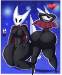  anthro arthropod big_butt black_body blush breasts butt clothing digital_media_(artwork) duo featureless_breasts female finalofdestinations hi_res hollow_knight hornet_(hollow_knight hornet_(hollow_knight) huge_butt insect male nude protagonist_(hollow_knight) simple_background size_difference team_cherry thick_thighs video_games wide_hips 
