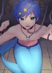  1boy armlet ayuda_ayutaro bangs blue_eyes blue_hair bound bound_wrists chain chained collar collarbone commentary_request commission eyebrows_visible_through_hair floor genderswap genderswap_(ftm) groin hair_between_eyes hair_ornament highres houshou_hanon jewelry looking_at_viewer lower_teeth mermaid_melody_pichi_pichi_pitch merman monster_boy navel necklace open_mouth restrained shadow shell_necklace shirtless short_hair sidelocks sitting skeb_commission solo star_(symbol) star_hair_ornament stomach sweat swept_bangs 