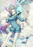  1girl altaria artist_name blush breasts closed_mouth commentary_request eyelashes gen_3_pokemon gloves gym_leader helmet highres knees long_hair one_eye_closed pokemon pokemon_(creature) pokemon_(game) pokemon_oras purple_eyes purple_hair shiny shiny_hair smile white_gloves winona_(pokemon) yamanashi_taiki 