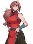  1girl alternate_costume alternate_hairstyle android_21 blue_eyes breasts chinese_clothes dragon_ball dragon_ball_fighterz earrings glasses hair_between_eyes hoop_earrings jewelry kemachiku large_breasts looking_to_the_side ponytail red_hair simple_background solo white_background 