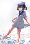  1girl black_hair blue_eyes bob_cut daitou_(kancolle) dress full_body hat high_ponytail i-coat kantai_collection sailor_collar sailor_dress sailor_hat short_hair short_sleeves sidelocks skirt_hold solo wading water white_background white_dress 