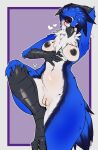  &lt;3 anthro avante92 avian bedroom_eyes bird blue_body blue_feathers blush breasts eyewear feathers female genitals glasses hi_res looking_at_viewer narrowed_eyes navel nipples non-mammal_breasts purple_eyes pussy seductive simple_background solo thick_thighs 