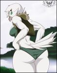  anthro avian beak big_butt bird breasts butt dutch_angle feathers female green_eyes hi_res knightmoonlight98 looking_back non-mammal_breasts outside solo tail_feathers white_body white_feathers 