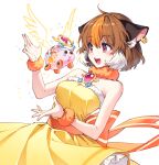  1girl abbey_(pui_pui_molcar) bare_shoulders brown_eyes brown_hair commentary_request cowboy_shot dress earrings guinea_pig guinea_pig_ears highres jewelry magical_girl molcar morumi multicolored_hair nardack open_mouth orange_scrunchie pui_pui_molcar round_teeth scrunchie simple_background smile solo streaked_hair teeth upper_teeth white_background wings wrist_scrunchie yellow_dress 