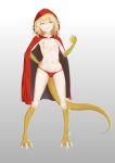  1girl absurdres ass_visible_through_thighs barefoot blonde_hair bottomless breasts cape claws food fruit grey_background hand_up highres holding holding_food holding_fruit hood hood_up jiliang_jiying_yumao lizard_tail looking_at_viewer monster_girl navel original panties pointy_ears red_cape red_hood red_panties scales sharp_teeth short_hair_with_long_locks sidelocks small_breasts smile solo tail teeth underwear yellow_eyes 