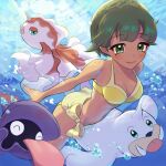  1girl air_bubble bangs barefoot beauty_(pokemon) bikini blush breasts bubble cleavage closed_mouth collarbone commentary_request eyebrows_visible_through_hair gen_1_pokemon goldeen green_eyes green_hair light_beam navel pokemon pokemon_(creature) pokemon_(game) pokemon_lgpe seel shellder short_hair smile swimming swimsuit toes tom_(pixiv10026189) underwater water_surface yellow_bikini 