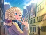  1girl :d akai_haato bangs blonde_hair blue_eyes blue_scarf blush bow braid brown_jacket city cloud commentary_request day eyebrows_visible_through_hair fingernails hair_bow hair_ornament hand_up heart heart_hair_ornament highres hololive jacket long_sleeves looking_at_viewer looking_back magowasabi medium_hair nail_polish open_mouth outstretched_hand plaid plaid_scarf red_bow red_nails scarf signature sky smile solo teeth twitter_username upper_teeth virtual_youtuber 