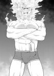  1boy bara boku_no_hero_academia boxer_briefs bulge chest_hair crossed_arms erection erection_under_clothes facial_hair feet_out_of_frame greyscale highres large_pectorals looking_at_viewer male_focus male_underwear mature_male monochrome muscular muscular_male navel object_on_bulge pain-lucky777 shampoo_bottle shampoo_challenge short_hair sideburns solo spiked_hair stubble thick_thighs thighs todoroki_enji underwear underwear_only 
