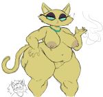  ? anthro big_breasts breasts chubby_female cigarette colored_sketch domestic_cat felid feline felis female fur green_eyes hi_res jewelry mammal mature_female necklace necklace_only nipples nude ophelia_(sssonic2) pink_nipples slightly_chubby smoking solo sssonic2 tagme thick_thighs yellow_body yellow_fur 