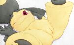  2020 2_toes 3_fingers anus black_body black_hair blush feet female feral fingers flat_chested genitals hair hair_mouth hi_res legs_up looking_at_viewer lying mawaifu mawile nintendo nude on_back one_eye_closed pok&eacute;mon pok&eacute;mon_(species) presenting presenting_pussy pussy red_eyes simple_background smile solo spread_legs spreading toes video_games white_background yellow_body 