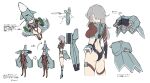  1girl airplane_wing ass bodysuit breasts character_sheet clothing_cutout eurofighter_typhoon faceless faceless_female flying from_side grey_hair grey_skirt highres i.takashi long_hair mecha_musume medium_breasts midriff multiple_views original personification sketch skirt stomach_cutout 