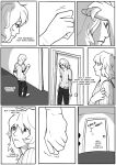  black_and_white bottomwear clothing comic dialogue door english_text grimart hair howl_(grimart) humanoid leto_(grimart) long_hair male monochrome not_furry pants scar self_harm shirt solo standing text topwear 