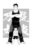  2boys bare_arms bare_shoulders black_tank_top boku_no_hero_academia character_request child crossed_arms father_and_son full_body greyscale highres male_cleavage male_focus mature_male monochrome multiple_boys muscular muscular_male pain-lucky777 pectorals scar scar_across_eye short_hair sideburns skin_tight smile spiked_hair standing tank_top todoroki_enji veins younger 
