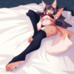  1:1 2021 4_toes anthro armpit_hair bed big_breasts blue_eyes blush body_hair bra breasts canid canine chatora_(pixiv) claws cleavage clothed clothing cute_fangs dipstick_tail feet female footwear fox frilly furniture hair hands_behind_head hi_res huge_breasts inner_ear_fluff kemono legwear lingerie long_hair looking_at_viewer lying mammal multicolored_tail on_back one_eye_closed open_mouth panties pawpads paws pupils purple_hair skindentation slit_pupils socks solo thigh_highs toe_claws toeless_socks toes tongue tuft under_boob underwear wink 