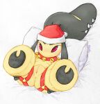  2021 2_toes 3_fingers anus bed bell black_body black_hair blush christmas christmas_clothing christmas_headwear clothing collar feet female feral fingers flat_chested furniture genitals hair hair_mouth hand_on_leg hat headgear headwear hi_res holidays legs_up looking_at_viewer lying mawaifu mawile mostly_nude nintendo on_back on_bed pillow pok&eacute;mon pok&eacute;mon_(species) presenting presenting_pussy pussy red_eyes santa_hat simple_background smile solo spread_legs spreading teeth toes video_games white_background yellow_body 