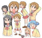  &gt;_&lt; 5girls aioi_yuuko black_cat black_eyes black_hair blue_eyes blue_hair blush brown_eyes brown_hair cat closed_eyes closed_mouth full_body glasses hair_cubes hair_ornament long_hair long_sleeves minakami_mai multiple_girls multiple_views naganohara_mio nichijou open_mouth professor_shinonome sakamoto_(nichijou) scarf school_uniform shinonome_nano short_hair short_twintails simple_background tokisadame_school_uniform tsubobot twintails upper_body white_background winding_key 