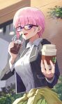  1girl :d absurdres alternate_eye_color bangs bespectacled black_jacket blazer blush breasts building cardigan cardigan_around_waist clothes_around_waist coffee coffee_cup collared_shirt commentary_request cowboy_shot cup disposable_cup drinking_straw eyebrows_visible_through_hair frappuccino glasses go-toubun_no_hanayome green_skirt hair_between_eyes highres holding holding_cup jacket large_breasts long_sleeves looking_at_viewer nakano_ichika open_blazer open_clothes open_jacket open_mouth outdoors pink_hair plant pleated_skirt purple_eyes school_uniform shirt short_hair sidelocks skirt smile solo sooon standing twitter_username upper_teeth white_shirt yellow_cardigan 