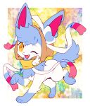  amber_eyes blue_body blue_fur brown_clothing brown_hoodie brown_topwear clothing collar cute_expression cute_face cute_fangs detailed_background eeveelution extyrannomon_(artist) female feral fur happy hi_res hoodie looking_at_viewer nintendo one_eye_closed open_mouth pok&eacute;mon pok&eacute;mon_(species) ribbons shiny_pok&eacute;mon solo sylveon topwear video_games white_body wing_accessory wink winking_at_viewer yellow_collar 
