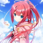  1girl black_shirt blue_sky braid cariboy closed_mouth cloud cloudy_sky day high_ponytail hood hood_down hooded_jacket horns jacket kamiyama_shiki long_hair looking_at_viewer looking_to_the_side outdoors pink_jacket ponytail red_hair shirt sky smile solo summer_pockets upper_body very_long_hair 