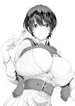  1girl bangs belt blush bracelet breasts character_request cleavage closed_mouth commentary_request copyright_request dress from_below greyscale huge_breasts ion_(cation) jewelry monochrome ribbed_dress short_hair 