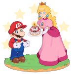  1boy 1girl blonde_hair blue_eyes brown_hair cake crown dress earrings facial_hair fingers_together food gloves highres jewelry jivke long_hair looking_at_another mar10 mar10th mario mario_(series) mustache nintendo open_mouth overalls pink_dress princess_peach simple_background star_(symbol) starman_(mario) super_mario_bros. surprised white_background white_gloves wide-eyed 