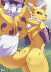  2021 anthro armwear black_nose butt clothing digimon digimon_(species) elbow_gloves female fur fur_markings gloves handwear looking_at_viewer markings mostly_nude owahi_ego rear_view renamon smile solo standing thick_thighs tongue tongue_out white_body white_fur yellow_body yellow_fur yin_yang 