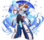  1boy ;d alternate_costume android axl balloon forehead_jewel formal full_body grin hand_on_hip helmet highres looking_at_viewer male_focus mizuno_keisuke necktie official_art one_eye_closed open_mouth orange_hair rockman rockman_x rockman_x7 rockman_x_dive screw smile solo spiked_hair suit transparent_background v white_day white_suit 