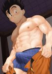  1boy abs bara black_eyes black_hair black_male_underwear blush boxer_briefs bulge cover cover_page doujin_cover dragon_ball dragon_ball_z erection erection_under_clothes hair_strand highres large_pectorals looking_at_viewer male_focus male_underwear muscular muscular_male navel nipples older open_pants orange_pants pain-lucky777 pants shirtless short_hair solo son_gohan spiked_hair stomach sweat textless underwear 