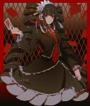  1girl arm_up black_hair black_nails bonnet border breasts card celestia_ludenberg commentary cowboy_shot danganronpa:_trigger_happy_havoc danganronpa_(series) drill_hair frilled_sleeves frills gothic_lolita gradient gradient_background haun holding_playing_card lolita_fashion long_hair looking_at_viewer medium_breasts muted_color nail_polish necktie playing_card red_eyes red_neckwear smile solo twin_drills white_headwear 