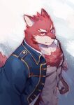  anthro body_hair canid canine chest_hair chest_tuft clothed clothing diederich_olsen_(knights_college) fur hi_res jacket knights_college male mammal open_clothing open_jacket open_shirt open_topwear red_body red_fur shirt solo teacher topwear tuft youhei79384157 