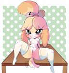  2021 animal_crossing anthro anus bell blonde_hair blush breasts canid canine canis clothing domestic_dog female furniture genitals hair hi_res isabelle_(animal_crossing) legwear looking_at_viewer mammal nintendo nipples on_table oopsynsfw pattern_background pussy simple_background smile solo spread_legs spreading stockings table tailwag video_games 