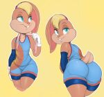  accessory anthro basketball_uniform big_butt blonde_hair blue_eyes bottomwear brown_body brown_fur buckteeth butt clothing collarbone elbow_brace female flat_chested front_view fur furgonomics gloves hair hair_accessory hairband half-closed_eyes handwear hi_res lagomorph leporid lola_bunny looking_at_viewer looking_back looking_back_at_viewer looney_tunes mammal narrowed_eyes presenting presenting_hindquarters rabbit rear_view scut_tail shirt shorts simple_background smile solo sportswear tail_clothing tank_top teeth thick_thighs topwear towel uniform usnarbit warner_brothers wide_hips yellow_background 