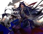  1girl animal_ears arknights beads blood blood_on_face blood_splatter bloody_clothes bracelet dog_ears highres holding holding_weapon jewelry lirensheng long_hair monk purple_eyes purple_hair saga_(arknights) solo very_long_hair weapon 