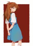  1girl absurdres arm_grab arms_behind_back blue_eyes border from_behind highres interface_headset long_hair looking_at_viewer neon_genesis_evangelion outside_border ponytail red_background red_hair school_uniform sei_(_mo1008) skirt smile solo souryuu_asuka_langley suspender_skirt suspenders white_border 