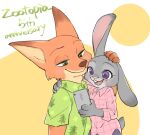  anthro blush buckteeth canid canine cellphone chu_twst chusan_d clothed clothing disney duo english_text fox fully_clothed fur green_eyes grey_body grey_fur hi_res holding_cellphone holding_object holding_phone judy_hopps lagomorph leporid mammal nick_wilde open_mouth open_smile orange_body orange_fur phone pink_nose purple_eyes rabbit red_fox shirt simple_background smile teeth text topwear white_background yellow_background zootopia 