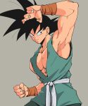  1boy arm_up armpits bare_arms black_eyes black_hair clenched_hand closed_mouth commentary_request copyright_request dougi dragon_ball grey_background highres kz_(dbz_kz) looking_to_the_side male_focus muscular muscular_male pectorals sash sideways_glance simple_background sleeveless smile solo son_goku spiked_hair upper_body wristband 