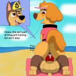  absurd_res beach bodily_fluids chase_(paw_patrol) colossalstars cum cum_in_pussy cum_inside dialogue duo female feral genital_fluids hi_res male male/female paw_patrol seaside skye_(paw_patrol) 