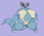  absurd_res anthro areola belly ber00 big_breasts blue_areola blue_body blue_nipples breasts female genitals hi_res horn huge_breasts navel nidoqueen nintendo nipples pok&eacute;mon pok&eacute;mon_(species) purple_background pussy simple_background solo tan_body thick_thighs video_games 