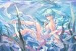  aqua_hair barefoot blue_eyes dress hatsune_miku long_hair qie_(25832912) ribbons signed twintails underwater vocaloid water 
