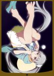  1girl ass blue_dress dress feet gesugesu_ahoaho hair_ribbon highres legs long_hair looking_at_viewer monogatari_(series) oikura_sodachi owarimonogatari ribbon silver_eyes silver_hair smile thighhighs thighs twintails very_long_hair 