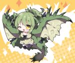  1girl ;d ahoge bangs black_bow black_legwear bow breasts brown_dress brown_wings chibi collarbone commentary_request dragon_girl dragon_horns dragon_tail dragon_wings dress eyebrows_visible_through_hair fang full_body green_hair hair_between_eyes halftone halftone_background horns large_breasts milkpanda monster_hunter one_eye_closed open_mouth orange_background personification ponytail rathian short_eyebrows smile solo sparkle tail thick_eyebrows thighhighs wings yellow_eyes 
