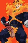  1boy bar_censor bara beard blue_bodysuit bodysuit boku_no_hero_academia censored covered_abs cowboy_shot erection facial_hair feet_out_of_frame fire grin highres kirupi large_pectorals legs_apart looking_at_viewer male_focus mature_male muscular muscular_male outstretched_arms penis precum scar scar_across_eye short_hair sideburns skin_tight smile solo spiked_hair spread_arms todoroki_enji veins veiny_penis 
