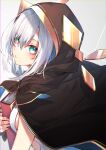  1girl absurdres ars_almal bangs black_cloak blue_eyes book breasts cloak hair_between_eyes highres hood hooded_cloak kuwashima_rein looking_at_viewer looking_back medium_breasts nijisanji silver_hair simple_background solo virtual_youtuber 