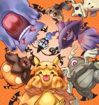  4o080_yotabnc chandelure cloak commentary_request dusclops fangs gen_1_pokemon gen_3_pokemon gen_4_pokemon gen_5_pokemon gen_6_pokemon gen_7_pokemon gengar halloween highres hood hood_up hooded_cloak mimikyu mismagius open_mouth orange_background orange_cloak phantump pikachu pokemon pokemon_(creature) pumpkaboo red_eyes sleeves_past_wrists teeth tongue tongue_out zubat 